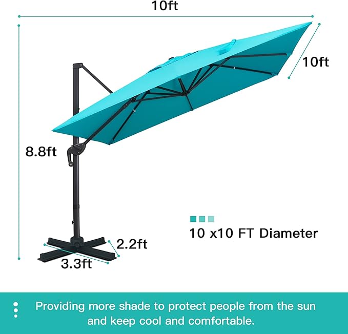 Sunnyglade 10x10Ft Cantilever Patio Umbrella Square Deluxe Offset Umbrella 360°Rotation & Integrated Tilting System Heavy Duty Patio Hanging Umbrella for Market Garden Deck Pool Backyard Patio (Blue)