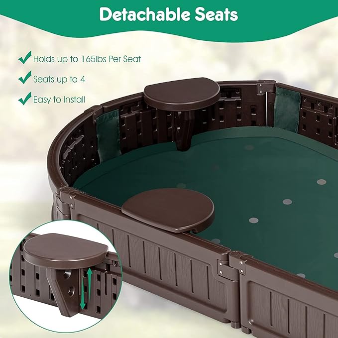 Costzon Kids Sandbox with Cover, HDPE Child Sand Pit w/Detachable Built-in Seating & Bottom Liner for Backyard Lawn Garden Beach, Outdoor Sand Box for Kids Age 3+ (Elliptical)