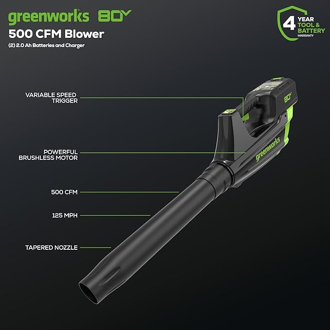 Greenworks 80V 21¡± Brushless (Push) Cordless Electric Lawn Mower + (500 CFM) Axial Leaf Blower (75+ Compatible Tools), (2) 2.0Ah Batteries and 30 Minute Rapid Charger