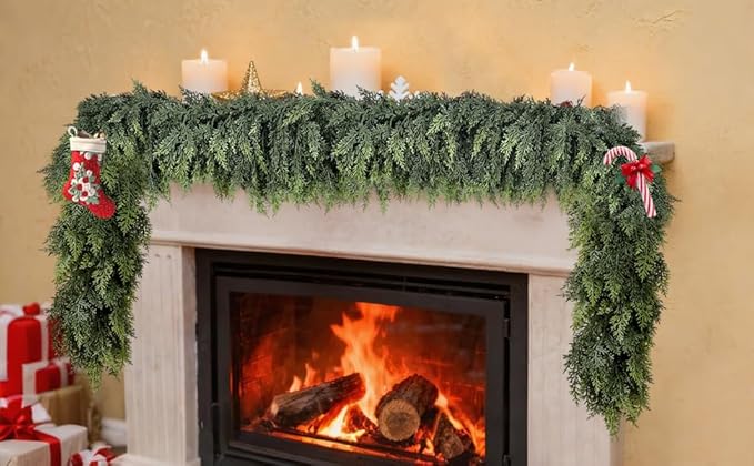 6 FT Real Touch Cedar Garland - Christmas Cedar Garlands for Mantle, Realistic Green Artificial Greenery Pine Garland for Table, Fireplace, Stairs, Wall, Indoor, Outdoor Home Holiday Decor (1, 6 FT)