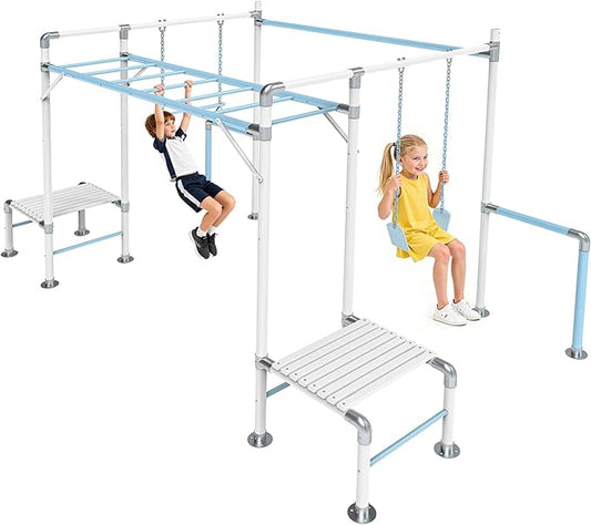 Outdoor Jungle Gym with Monkey Bars Frame, Climbing Set, Trapeze Swing Bar, Belt Swing, Kids Gymnastics Bars, Playground Set with Powder Coated Galvanized Steel for Backyard, Garden, White