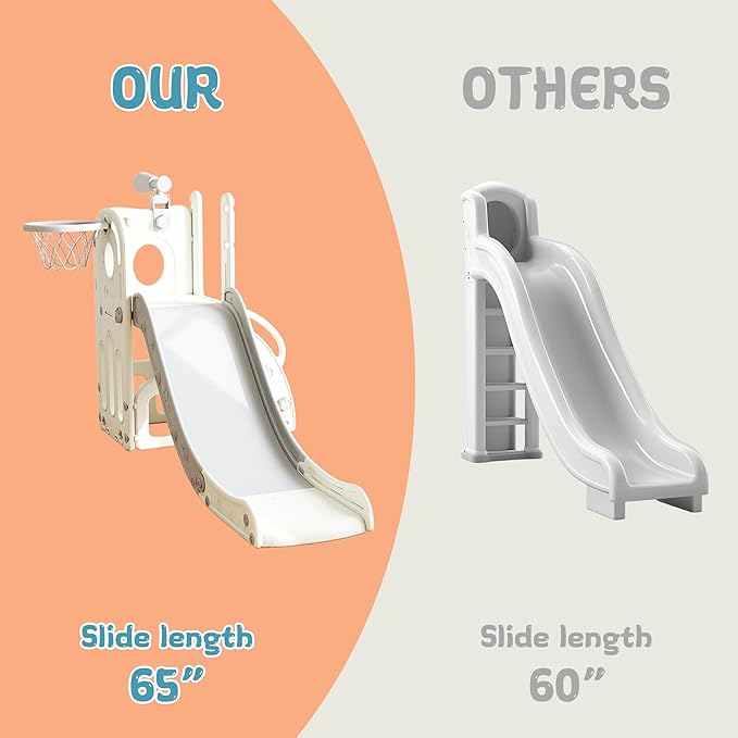 6 in 1 Toddler Slide, Kids Slider for 1-3, Indoor Outdoor Playset Playground with Basketball Hoop, Storage, Climber and Telescope, Great Gift for Baby & Child, Grey and White