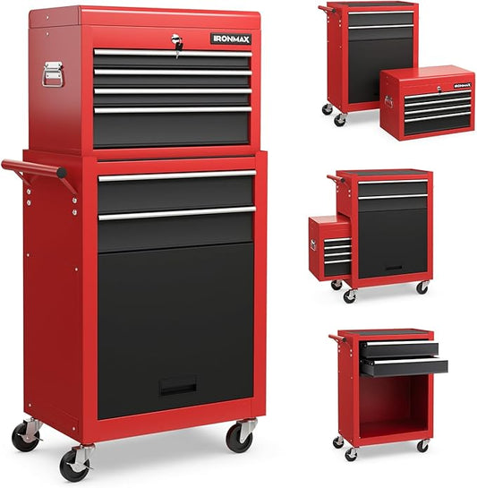 IRONMAX Rolling Tool Chest, 6-Drawer Lockable Tool Cabinet w/ 4 Universal Wheels, 2 in 1 Detachable Tool Box Storage Organizer for Garage Workshop Repair Shop (6-Drawer, Black & Red)
