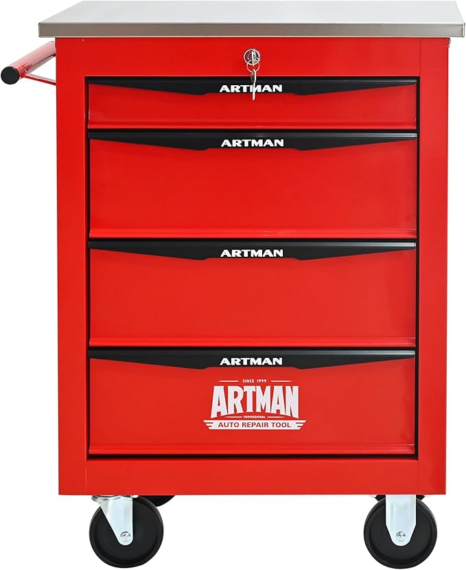 RYH 4/5/6/7 Drawers Rolling Tool Chest -Heavy Duty Mobile Metal Tool Box with Locking Wheels, with Stainless Steel Worktop, Garage Tool Storage Cabinet (Red, 4-Drawers 30.7 H¡¿22.2 W)