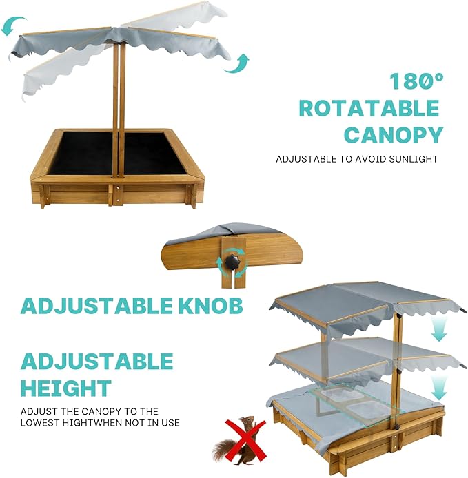 Outdoor Kids Sandbox with Lid, Wooden Sand Box with Cover, with 2 Side Buckets, Adjustable Canopy & UV-Protection, Smooth Surface, Sand Box for Kids Ages 2-8£¨45.3x45.3in£©