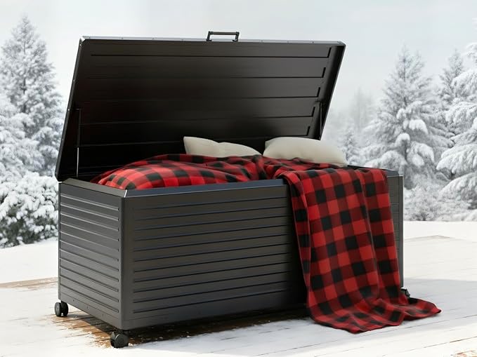 MIRADOR 281 Gallon Outdoor Storage Box Waterproof, Metal Deck Box with wheels for Patio Furniture, Garden Tools, Outdoor Cushion, Charcoal