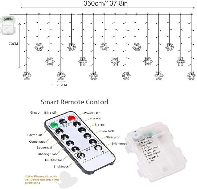 LED Christmas Curtain Lights,Snowflake Lights Decorations with Remote Control,USB Powered 24 Snowflakes 120 LEDs Window String Lights with 8 Modes Decor Christmas Wedding Party Wall Home Decor