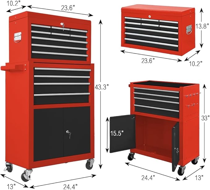 13 Drawers Tool Chest with Wheels, Rolling Tool Box with Drawers, Metal Tool Cabinet for Garage, Workshop(Red-Black)