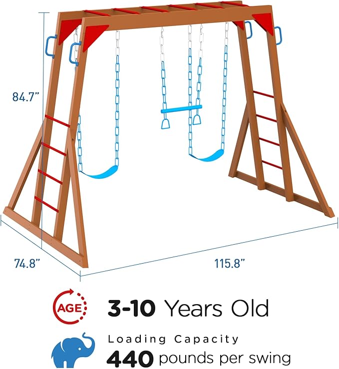 Dolphin Playground Wooden Swing Sets for Backyard with Monkey Bar, Outdoor Playset for Kids with Trapeze Swing Bar and 2 Belt Swings, Kids Outdoor Play Equipment, Heavy Duty Playground Accessories