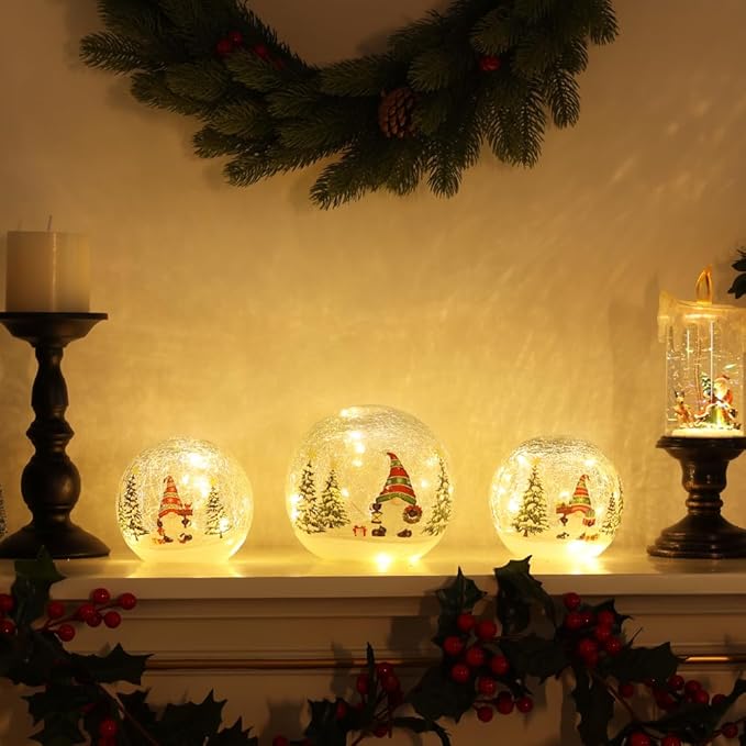 PHITRIC Christmas Decorations Indoor, 3 PCS Sparkling Christmas Gnomes Globes with LED Lights and Timer, Xmas Table Decor Centerpieces Crackle Glass Ball for Fireplace, Home, Tabletop, Mantel, Shelf