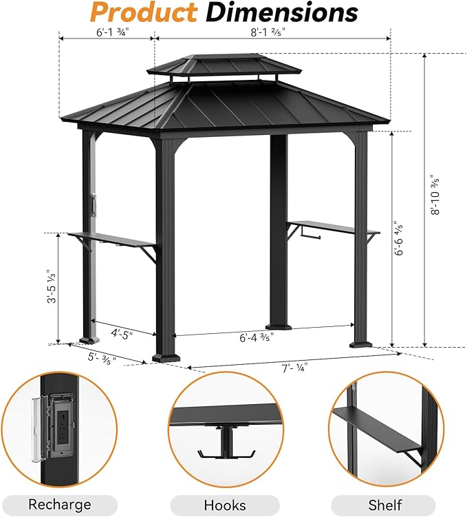 Modern Shade Grill Gazebo 6' X 8', Aluminum BBQ Gazebos with Shelves and Ceiling Hook, Grill Canopy Hardtop with Galvanized Steel Roof, Extra-Wide Column Design, Outdoor Grill Gazebo for Patio, Black