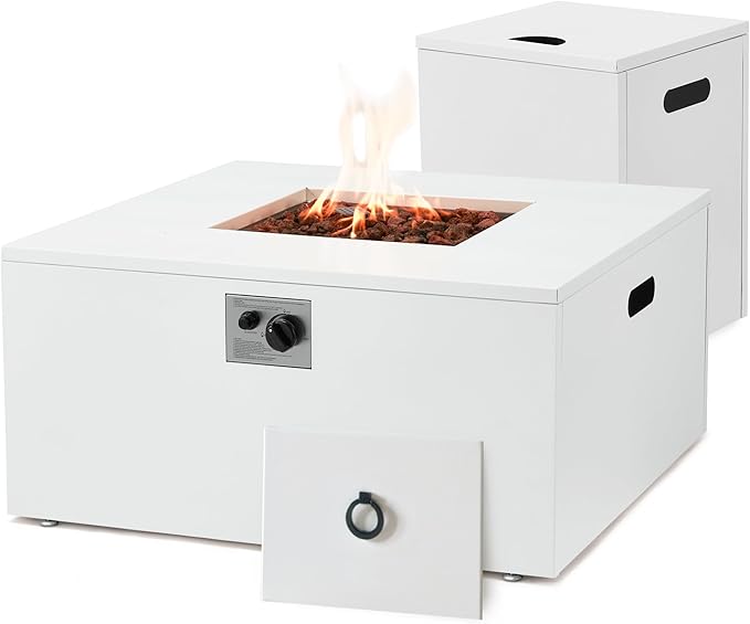 ECOTOUGE 2 Piece 32 Square Propane Fire Pit Table wirh Tank Holder, 50,000 BTU Outdoor Gas Fire Pit with Lid, Steel Fireplace w/Weather Cover, Lava Rocks for Patio, CSA Certified, White