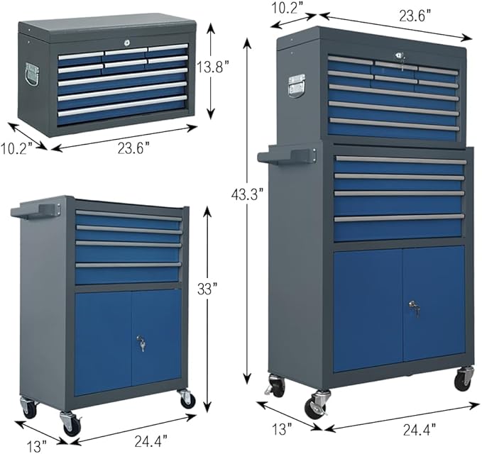 13-Drawer Tool Chest with Double Door Handle,2 in 1 Detachable Rolling Tool Chests with Wheels and Drawers,Large Tool Box with Lock,Mobile Steel Tool Cabinet Storage (Gray&Blue)