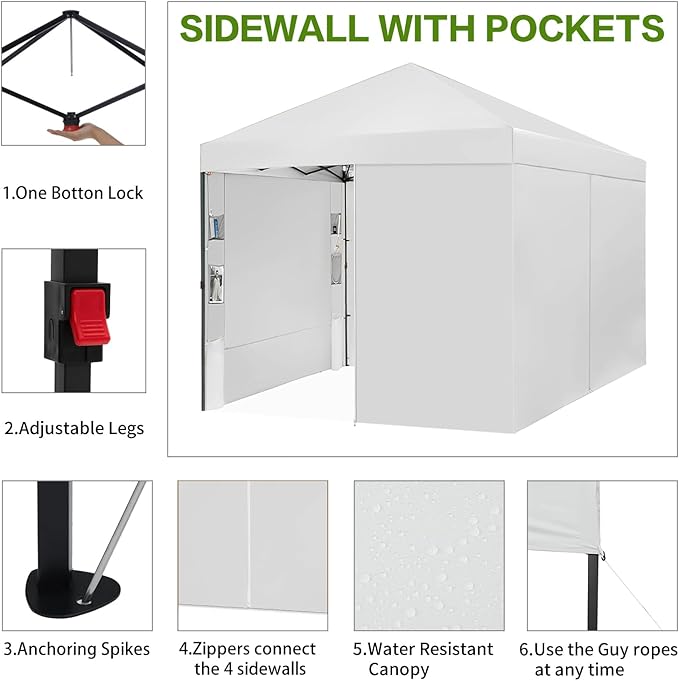 10X10 Comercial Pop Up Canopy Tent with 4 Sidewalls and 6 Pockets, One Push Setup Center Lock, for Beach Patio Outdoor, Case, 8 Stakes, 4 Ropes, 4 Sandbags (Snow White)