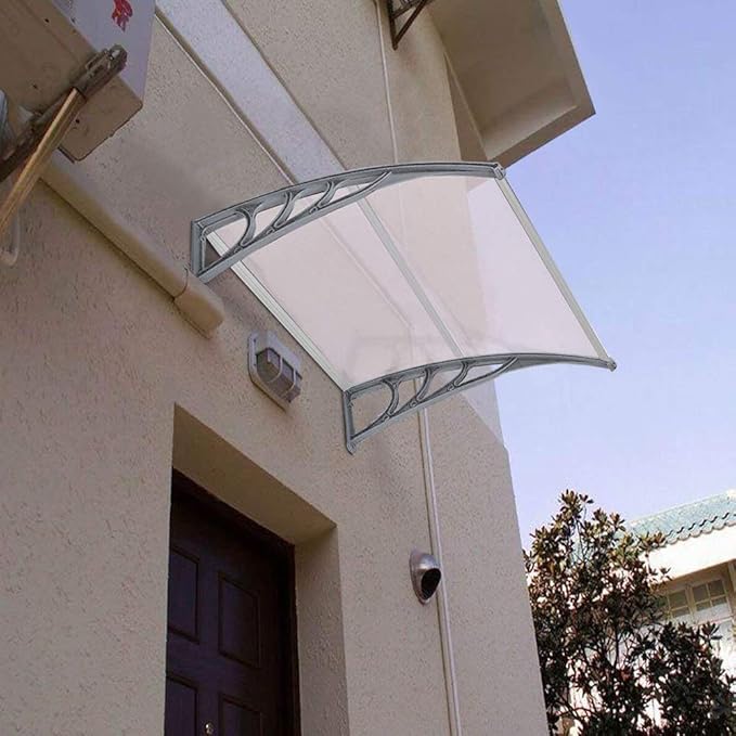 Window Awning Door Canopy Exterior- 32" x 40" Aluminum Door Awning, Polycarbonate Cover Patio Canopy Awning for House, Outside, Rain Snow & UV Resistant (Clear Board & Grey Bracket)