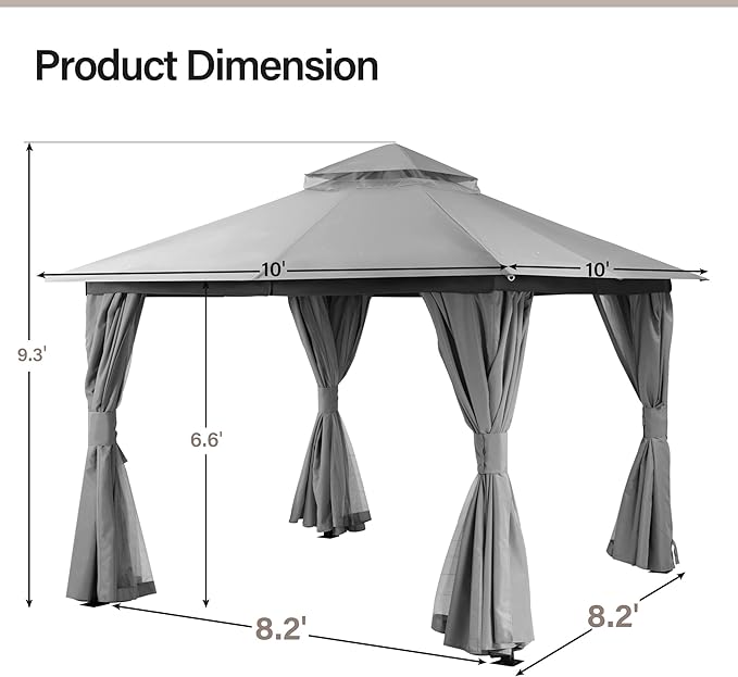 LAUSAINT HOME Semi-Permanent Patio Gazebo 10'x10' with Expansion Bolts, Outdoor Heavy Duty Party Tent with Double Roof, Mosquito Nettings and Privacy Screens for Backyard, Garden, Lawn, Smoke Grey