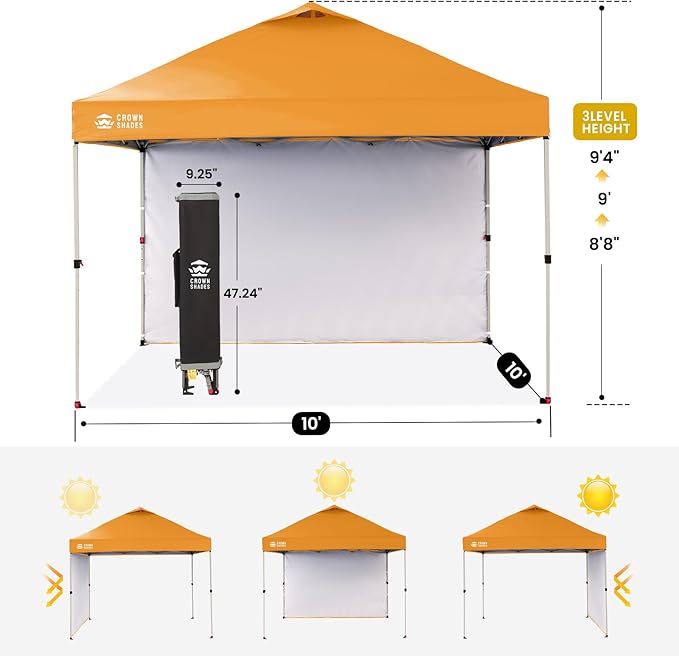 CROWN SHADES 10x10 Pop Up Canopy with 1 Side Wall - Beach Tent with One Push Setup - Outdoor Sun Shade for Events, Parties, Camping - Gazebo with STO-N-Go Cover Bag (Orange)