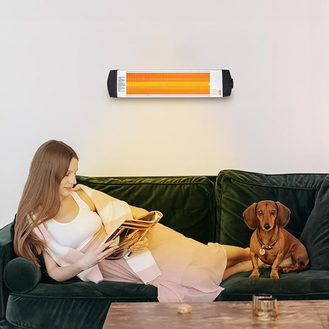 Econat 1500W Infrared Heater, Wall or Ceiling Mount, Indoor/Outdoor Electric Patio Heater, Adjustable Thermostat, Silver