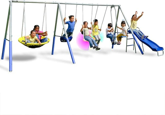 TSC Hermosa Swing Set for Kids, Outdoor Metal Playset with LED Swings, 38 Saucer, Standing Swing, Glider, 5ft Slide ? Backyard Playground with 800lbs Max Capacity