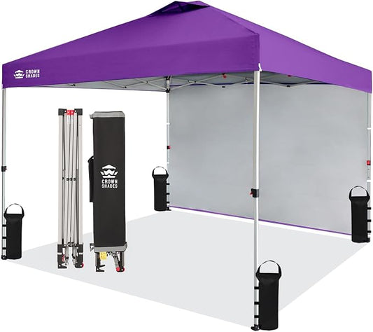 CROWN SHADES 10x10 Pop Up Canopy with 1 Side Wall - Beach Tent with One Push Setup - Outdoor Sun Shade for Events, Parties, Camping - Gazebo with STO-N-Go Cover Bag (Purple)