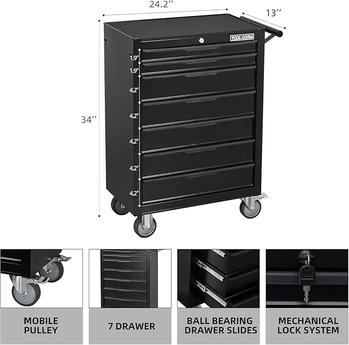 7-Drawer Rolling Tool Chest with Locking Wheels & Drawers, 13 D x 24.2 W x 34 H Mobile Tool Storage Cabinet, Heavy-Duty Garage Organizer w/Ergonomic Handle