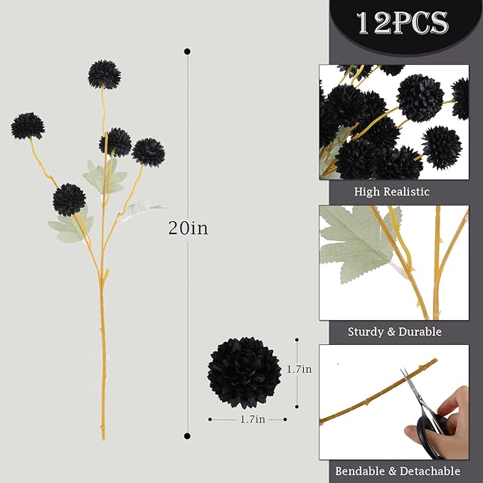 Hananona 12 Piece Artificial Chrysanthemum Flowers, Mini Black Kiku Pom Pom Mums Flower Faux Floral Arrangements Halloween Centerpiece for Fall Home Kitchen Decor (12, Black)