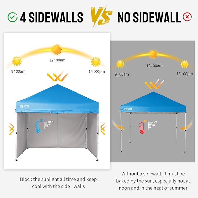 CROWN SHADES 10X10 Comercial Instant Canopy Pop Up Tent with Center Lock (10x10 with 4 Sidewalls, Sky Blue)