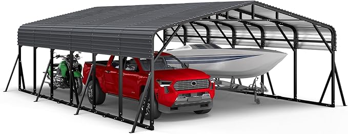 20x30FT Metal Carport, Heavy Duty Car Garage w/Reinforced Support Rods and Windproof Ground Anchors, All-Weather Multi-Use Outdoor Shelter for 2-4 Car, Boats and Truck