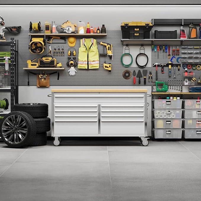Tool Chest, 61 Inch Tool Box Mobile 9 Drawers Storage Rolling Cabinet with Wheels Lock Key Locking System Drawer Liners for Garage Warehouse Repair Shop, Sliver