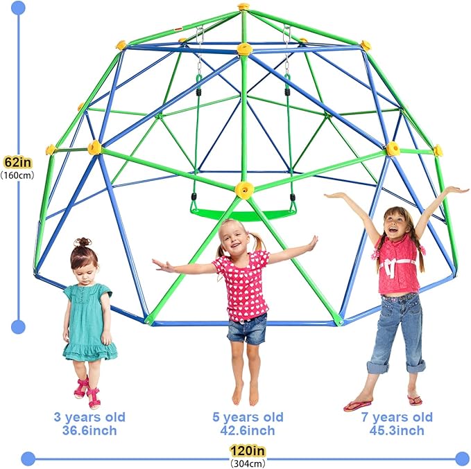 10FT Kids Climbing Dome - 800LB Capacity, UV & Rust Resistant, Geo Jungle Gym for Kids 3 to 8 Backyard, Much Easier Assembly, Blue+Green