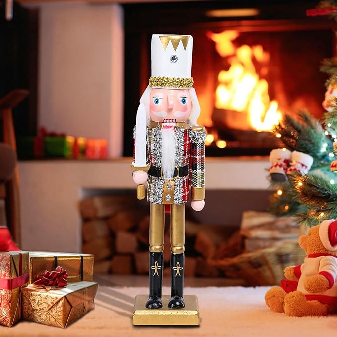 Christmas Nutcracker Decorations Nutcracker Figure 12 Inch Wooden Nutcrackers Collectible Ornament Nutcracker Soldier for Table Desktop Home Christmas Decor Xmas Indoor Decor Plaid Pattern