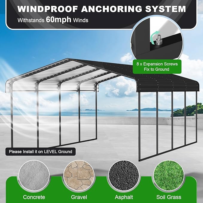 10x15 FT Metal Carport, Outdoor Garage Car Shelter Shade with Galvanized Metal Roof, Heavy Duty Car Port for Car, Truck and Boats, Dark Gray