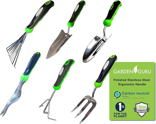 Garden Guru Garden Tool Set 6pc Hand Trowel Transplanter Weeder Fork Rake Cultivator ? Heavy Duty Stainless Steel - Ergonomic Comfort Grip Handle ? Perfect Gardening Tool Kit Gifts for Women and Men