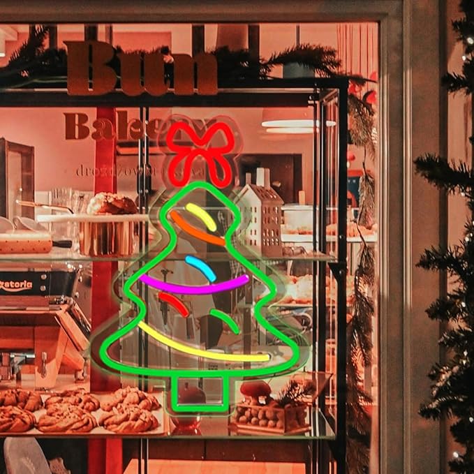 Christmas Tree Neon Sign Christmas Decorations, Dimmable Led Neon Light Up Sign for Xmas Wall Decor Party Home Bar Festival, USB Powered, Include Hanging Chain
