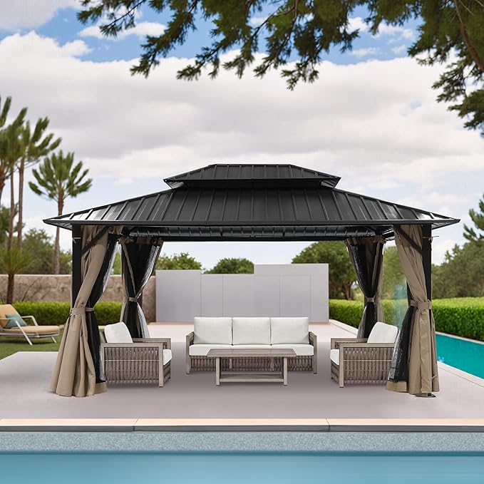 12' x 16' Hardtop Gazebo, Outdoor Patio Gazebo, Aluminum Frame Patio Hardtop Gazebos with Netting and Curtain, Outdoor Patio Pergola with Double Steel Roofs for Deck, Lawns, Garden, Sandstone
