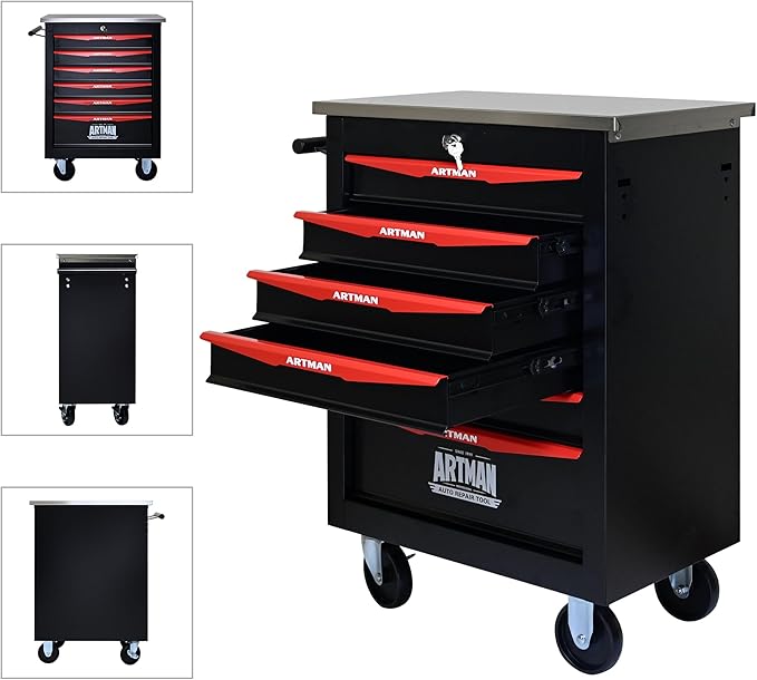 RYH 4/5/6/7 Drawers Rolling Tool Chest -Heavy Duty Mobile Metal Tool Box with Locking Wheels, with Stainless Steel Worktop, Garage Tool Storage Cabinet (Black, 6-Drawers 30.7 H¡¿22.2 W)