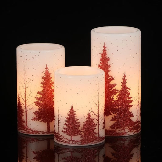 DRomance Christmas Tree Flameless Flickering Candles Battery Operated with 6H Timer, 3 Pack Real Wax Warm Light LED Pillar Candles Dinner Tabletop Holiday Centerpiece Decor 3" x 6"