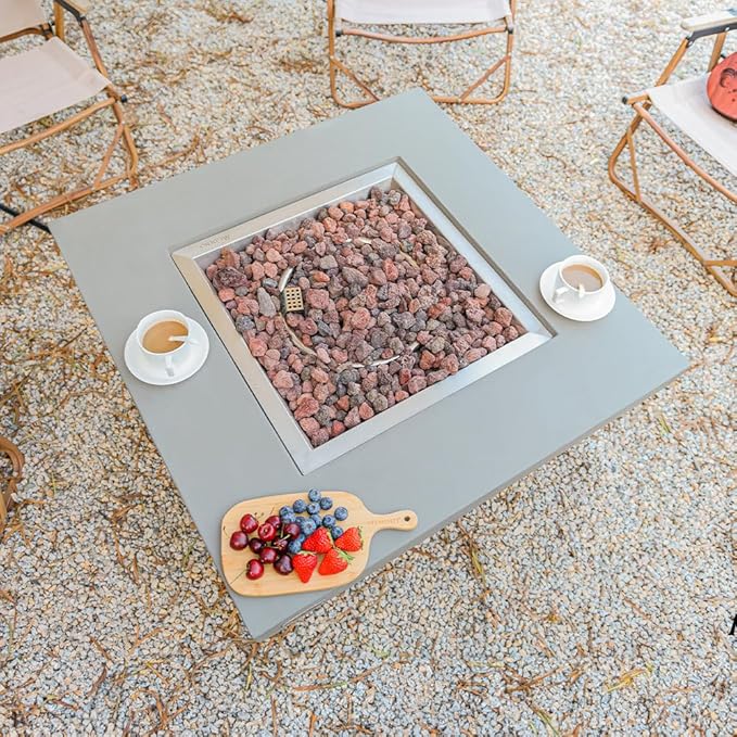Westport Concrete Fire Pit - 34 x 34 Modern Fire Pit & Outdoor Fireplace Includes Lava Rocks for Garden, Deck & Indoor Heating