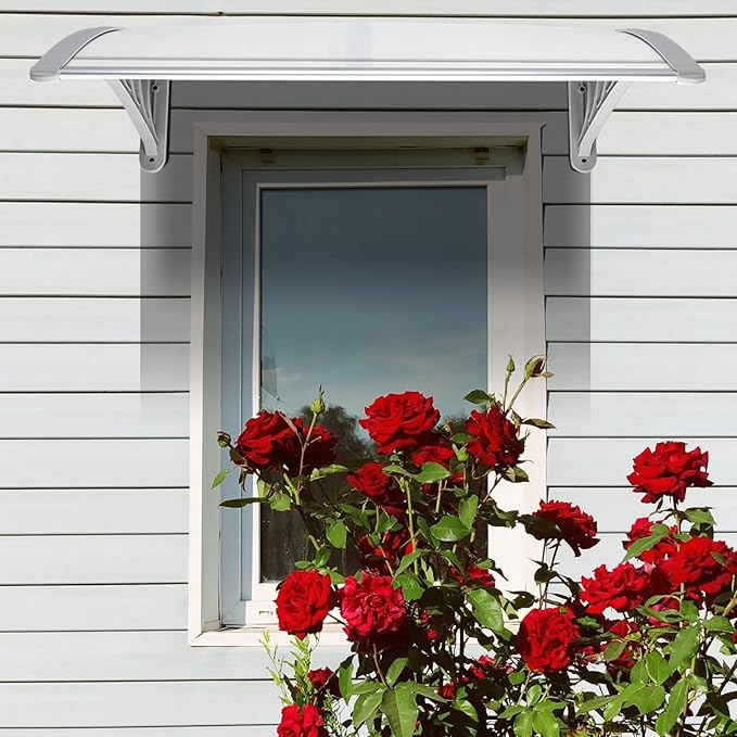 Window Awning Door Canopy Exterior- 32" x 40" Aluminum Door Awning, Polycarbonate Cover Patio Canopy Awning for House, Outside, Rain Snow & UV Resistant (Clear Board & Grey Bracket)