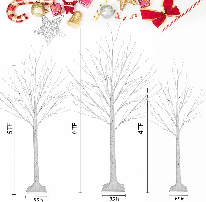 Set of 3 Lighted Birch Tree 4FT 5FT and 6FT, Higher Size, Timer Function Birch Christmas Tree with 144 LED Warm White Lights for Indoor Christmas Decorations Outdoor Yard Garden Home Bedroom Party