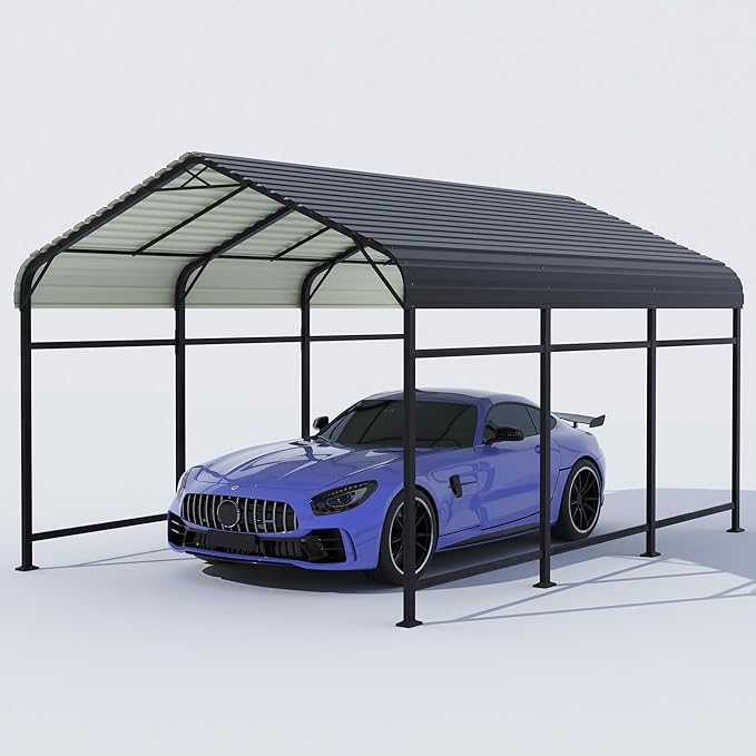 Greesum 10x15FT Metal Carport with Heavy Duty Frame and Galvanized Steel Roof, Round Carports with Side Support Rods, Canopy Shelter for Car, Pickup Trucks, Boats and Tractors, Party, Gray