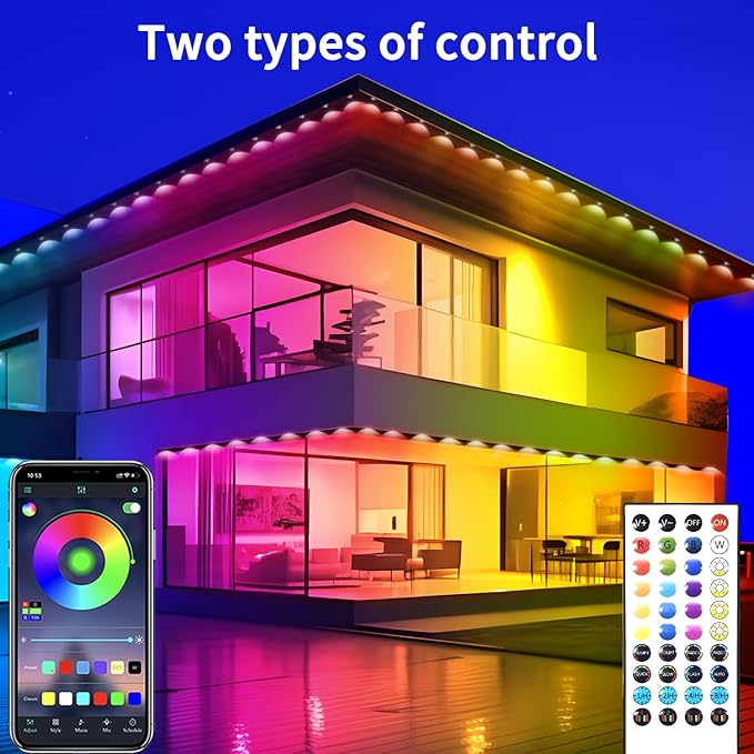 500ft Permanent Outdoor Light, RGB Smart Outdoor eave Lights with APP & Remote Control,timed Music synchronisation IP67 Waterproof LED eave Light,Suitable for Party,Halloween,Christmas,Rooftop,Garden