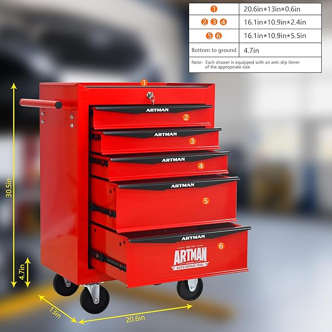 RYH 5 Drawers Rolling Tool Chest - Heavy Duty Mobile Tool Cart with Locking Wheels & Ball Bearing Drawers, ?30.5 H x 20.9 W x 13 D Garage Tool Storage Cabinet (Red, 5 Drawers)