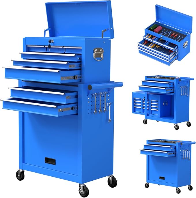 8-Drawer Tool Box with Wheels, Rolling Tool Storage Cabinet with Detachable Top Tool Chest and Locking Mechanism, Metal Tool Cart for Garage Workshop and Room Use (Blue)