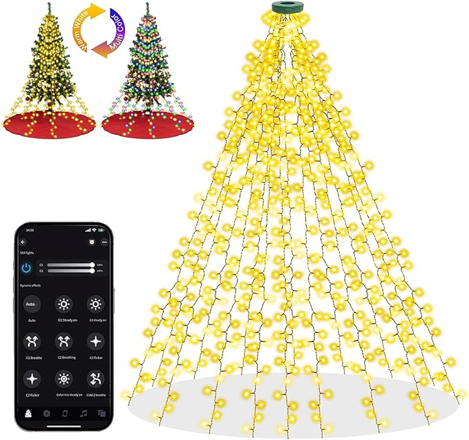 Smart Christmas Tree Lights with Ring, 6.56Ft x 16 Lines String 400 LED Indoor Outdoor with APP Control Music Sync DIY scenarios 17 Modes Multicolor Timing for Christmas Tree Decorations
