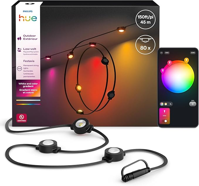 Philips Hue Festavia 150ft Permanent Outdoor String Lights, 80 Dimmable Lights, 55 Lumens Each, Weatherproof, Water-Resistant, Black Wire, Color Ambience, Bridge Required