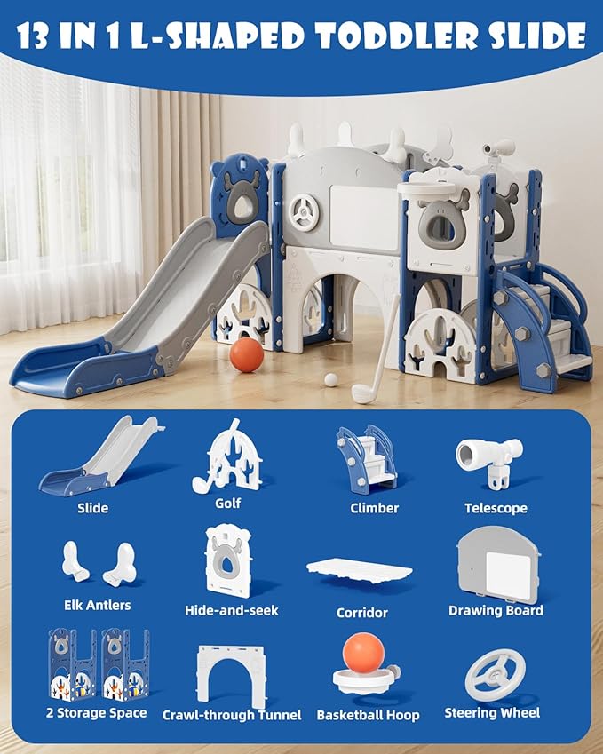 XJD 13 in 1 Toddler Slide Set, Kids Slide for Toddlers Age 1+, New Upgrade with Golf Set, Basketball Hoop, Drawing Board for Indoor Outdoor Playset, Birthday Gifts for Toddler (Blue Gley)