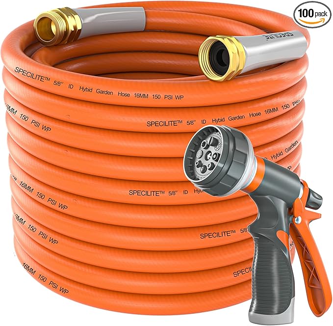 SPECILITE Garden Water Hose 100 ft x 5/8 in Heavy Duty, Flexible and Lightweight, Burst 600 psi, Kink-less Hybrid Rubber Pipe for Backyard, 3/4'' Brass Fittings, Orange