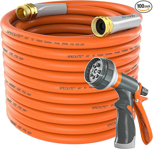 SPECILITE Garden Water Hose 100 ft x 5/8 in Heavy Duty, Flexible and Lightweight, Burst 600 psi, Kink-less Hybrid Rubber Pipe for Backyard, 3/4'' Brass Fittings, Orange