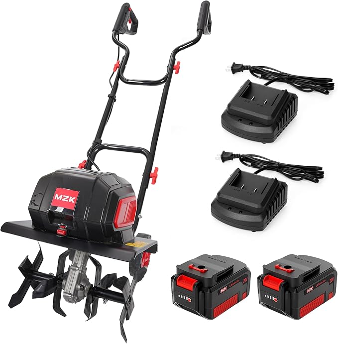 MZK 40V 12-inch Cordless Garden Tiller, 12In Width and 8.6In Depth Garden Rototiller,Battery Powered Garden Cultivator for Lawn/Gardening/Soil Cultivation(2 * 4.0Ah Battery&Charger Included),TC12D02